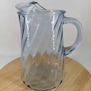Pitcher With Ice Lip Vintage Bartlett Collins/ Indiana Blue Swirl Glass 9.5" T